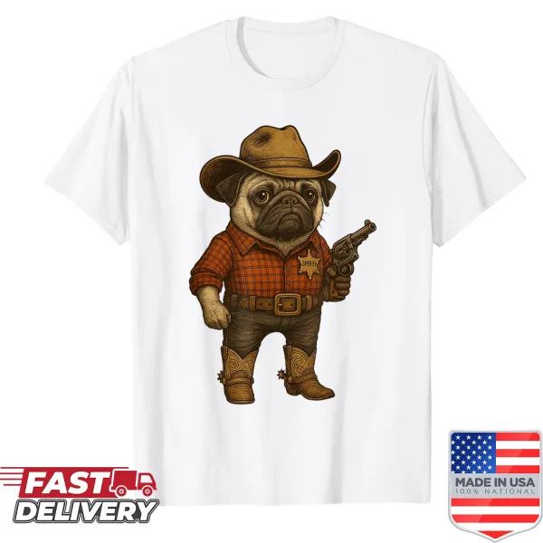 Funny shirt with a cowboy pug in a western outfit