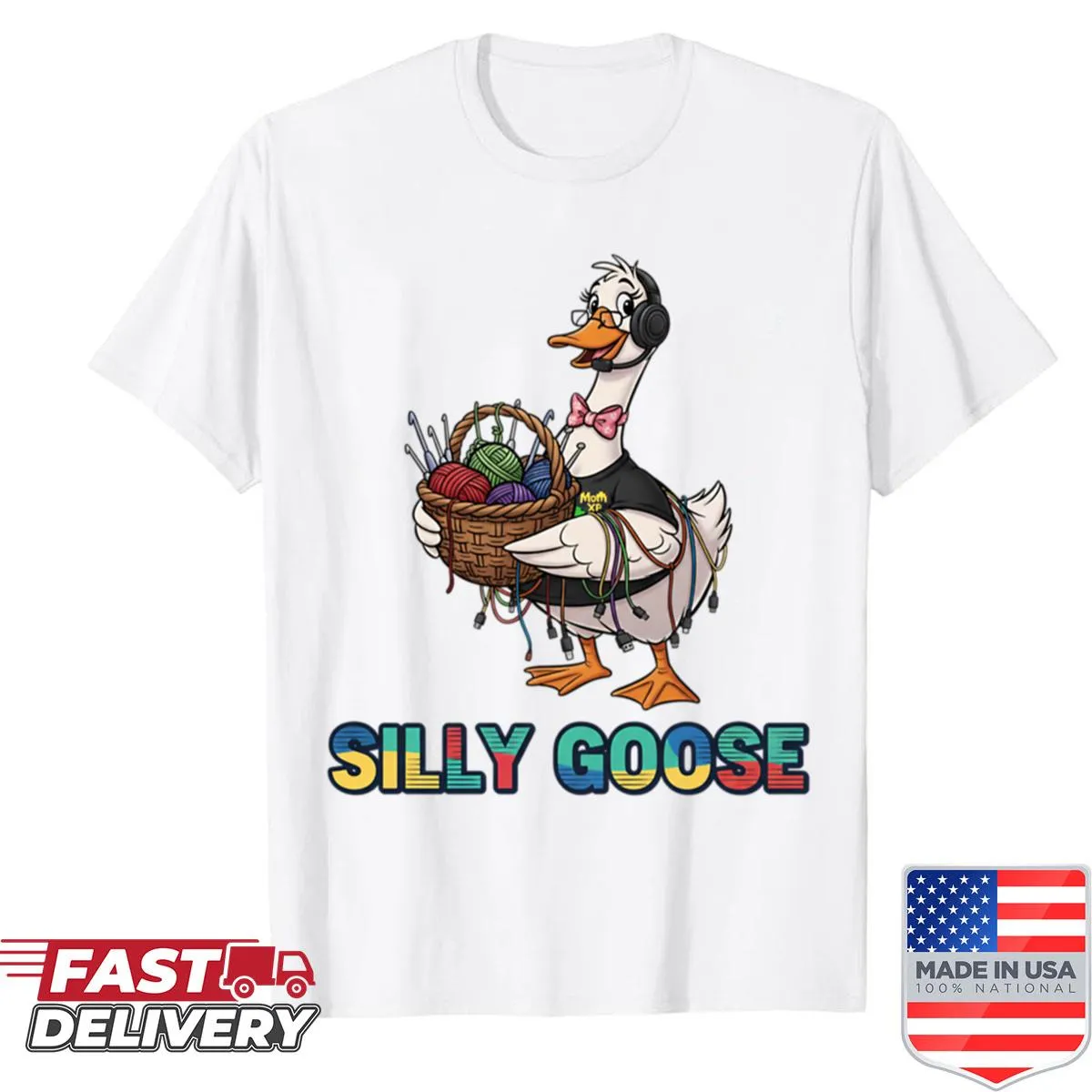 Funny shirt featuring a crafty goose with crochet needles and gaming themes.