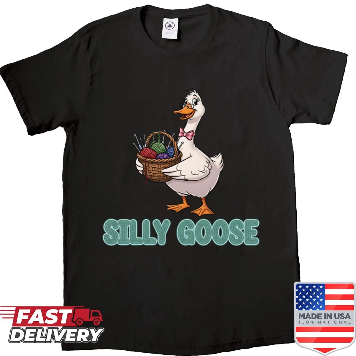 Illustration of a goose knitting on a shirt
