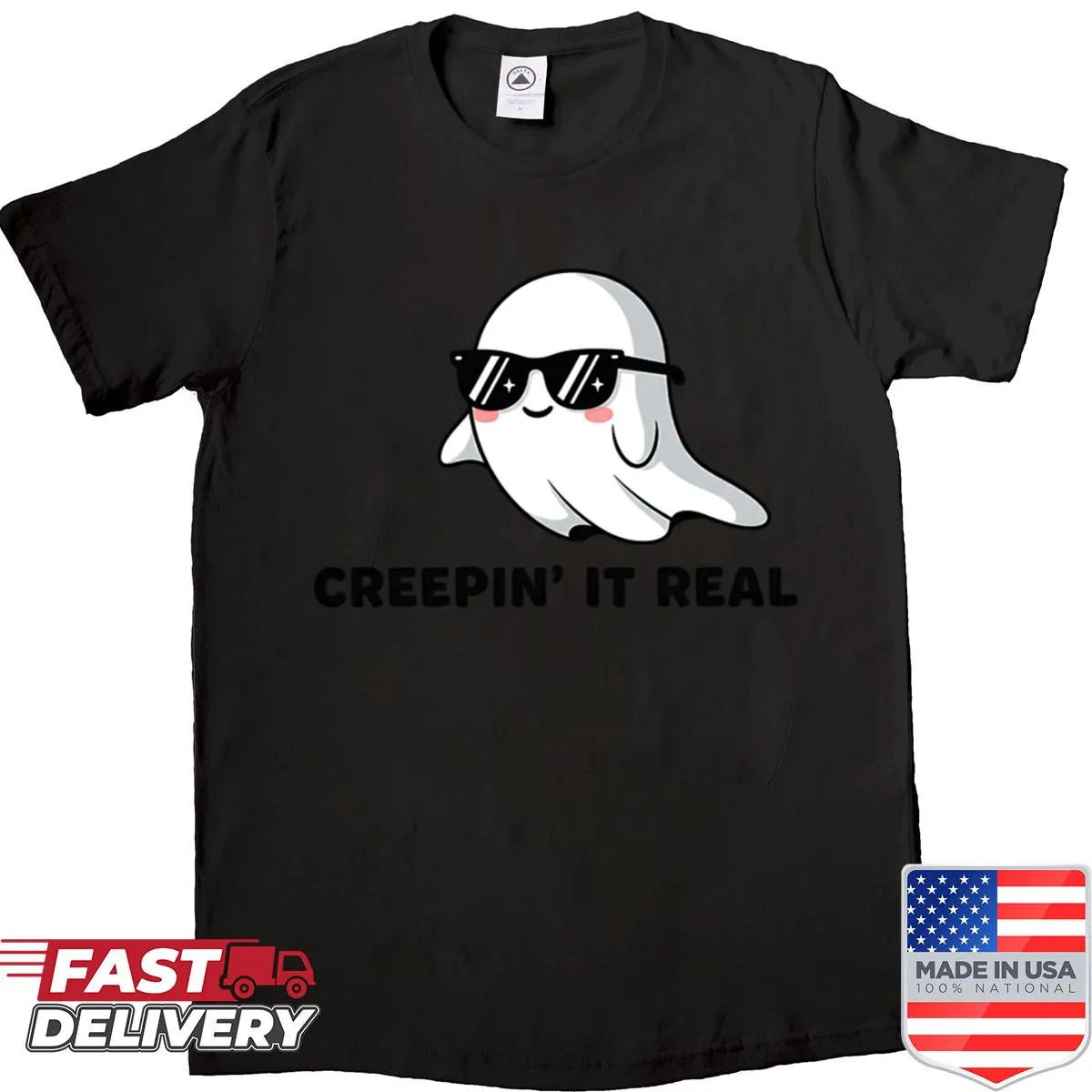 Cute ghost graphic with 'Creepin It Real' text