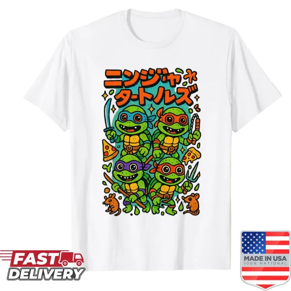 Illustrated creepy Ninja Turtles graphic on a t-shirt