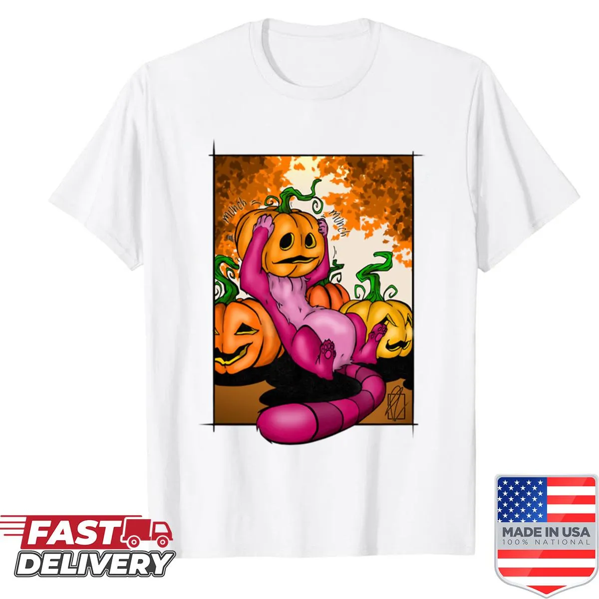 Illustration of Crekko with a pumpkin on a t-shirt