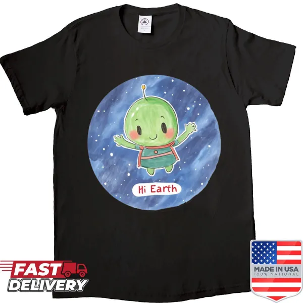 T-shirt featuring a cute alien waving in outer space