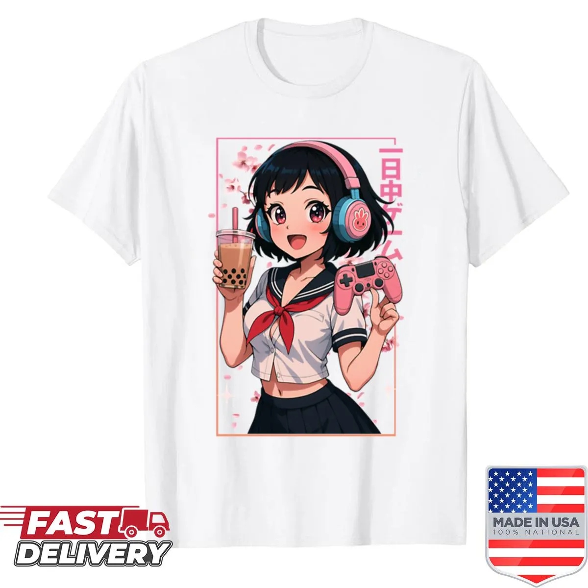 Anime girl graphic enjoying boba tea and gaming