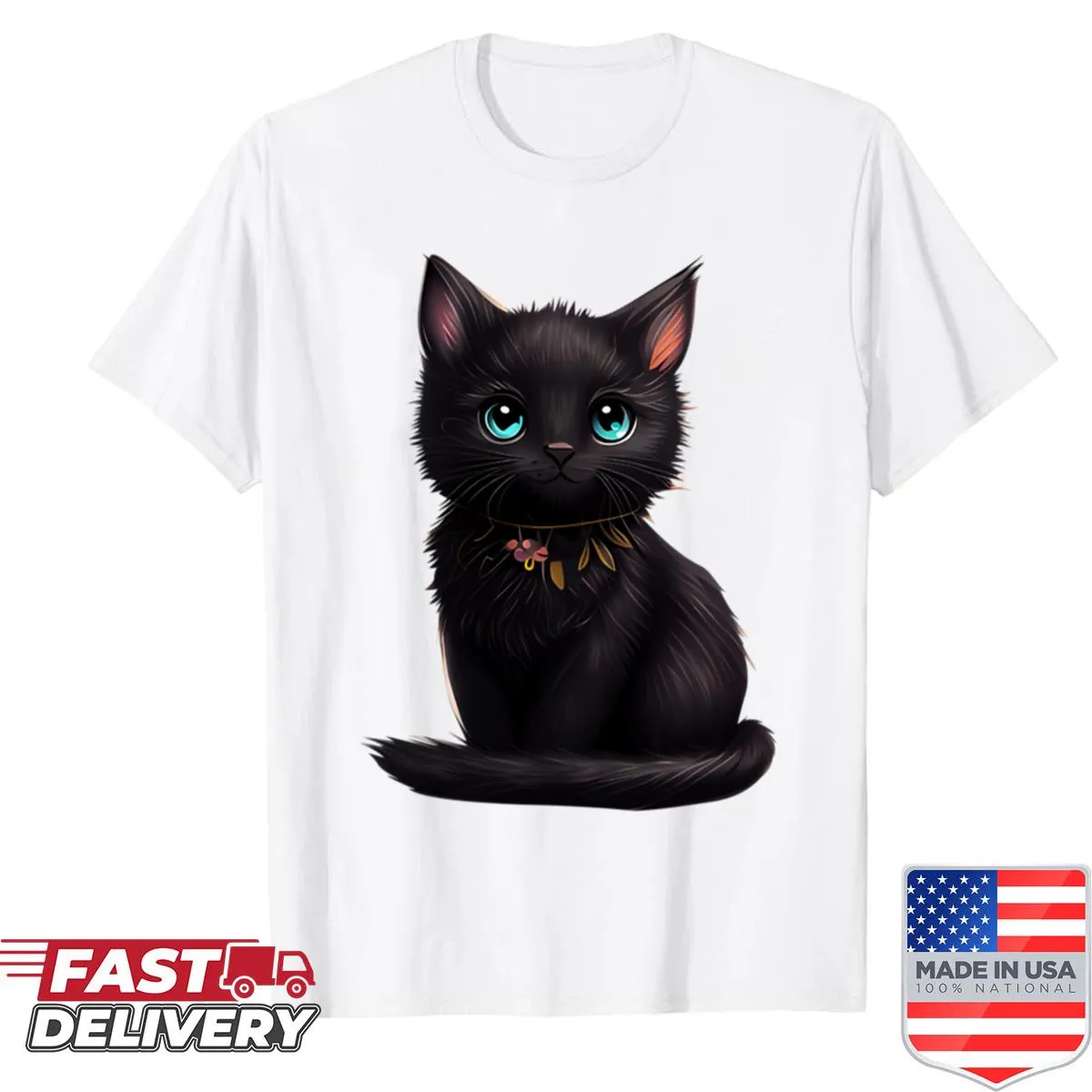 Adorable illustration of a cute black cat on a shirt