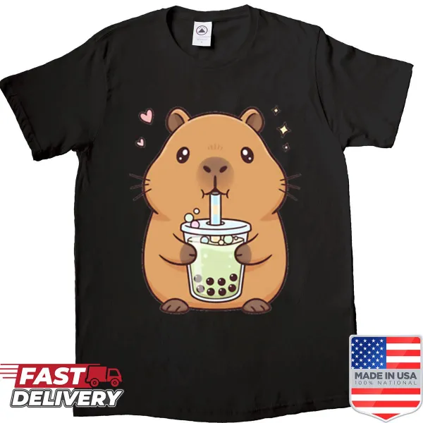 Adorable capybara enjoying bubble tea illustrated on a shirt