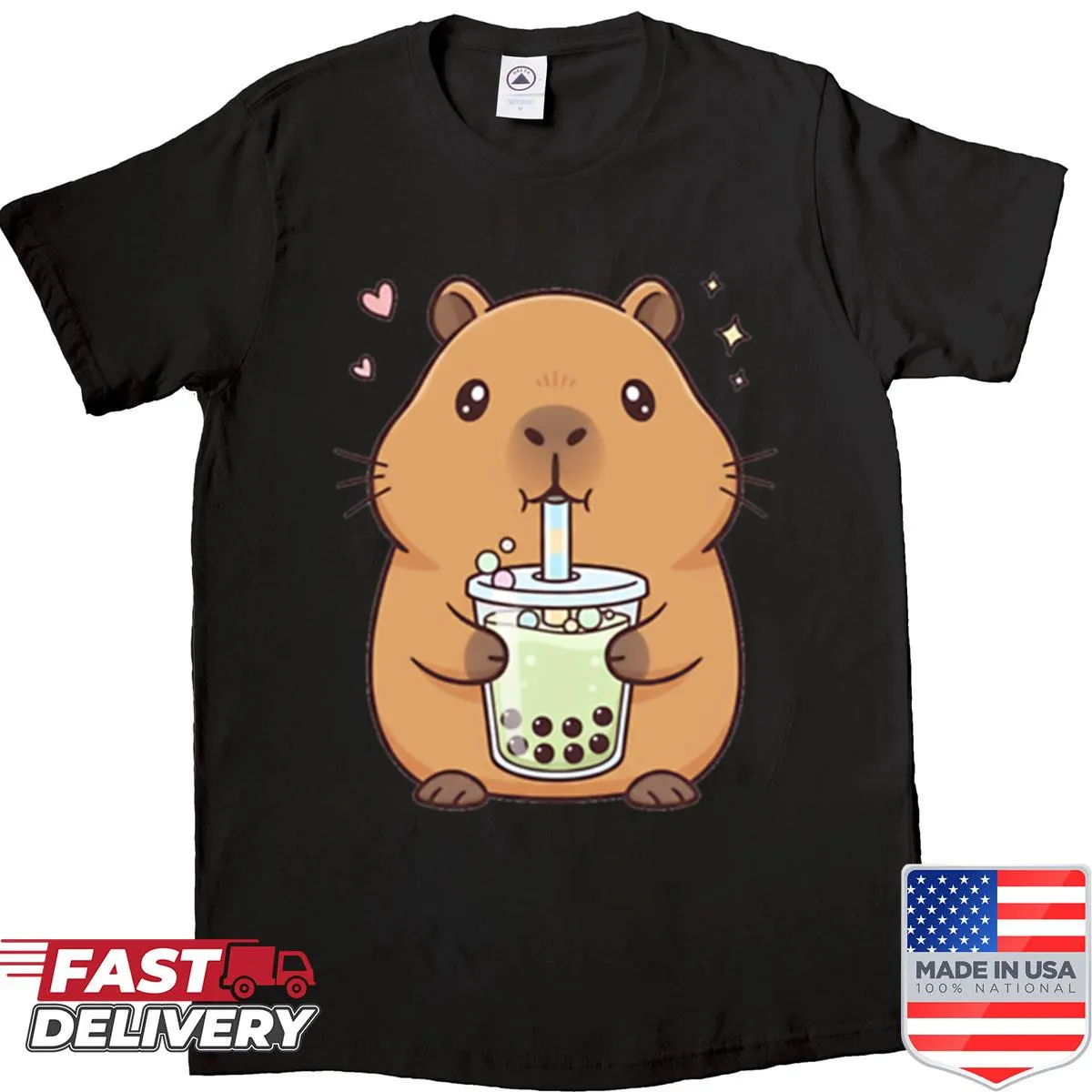 Adorable capybara enjoying bubble tea illustrated on a shirt