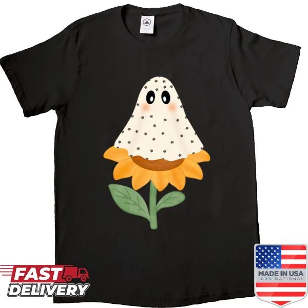 Cute ghost and sunflower pattern on a pastel Halloween shirt