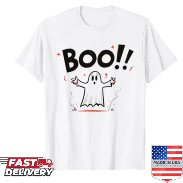 Cute cartoon ghost graphic saying 'Boo' on a t-shirt