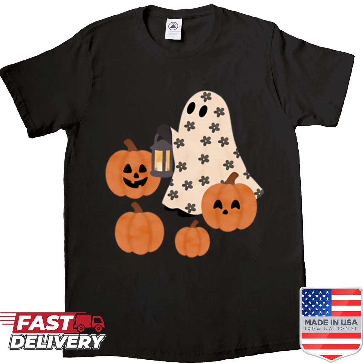 Cute Halloween shirt featuring a seamless pattern of ghosts and pumpkins