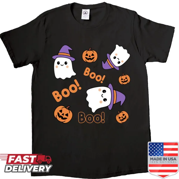 Cute ghosts and pumpkins design on a playful Halloween shirt