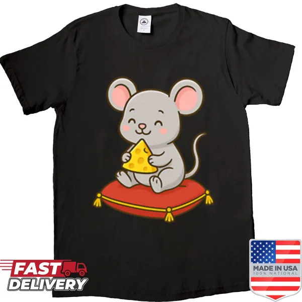 Cute gray mouse with cheese graphic on a kids' shirt.