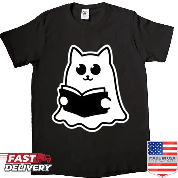 Kawaii ghost cat reading a book graphic