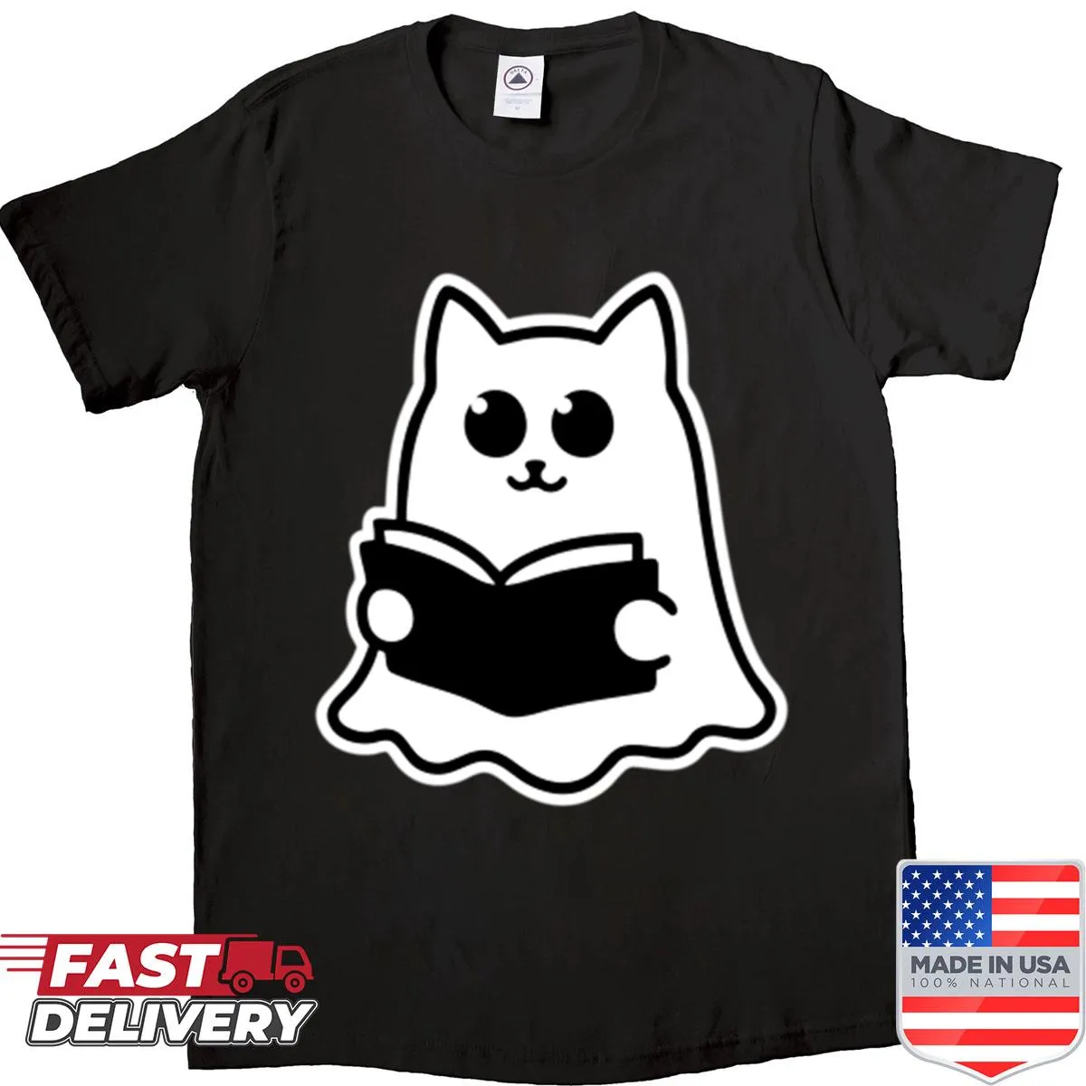 Kawaii ghost cat reading a book graphic