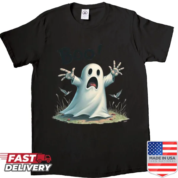 Cute ghost graphic with 'Boo' text for Halloween fun