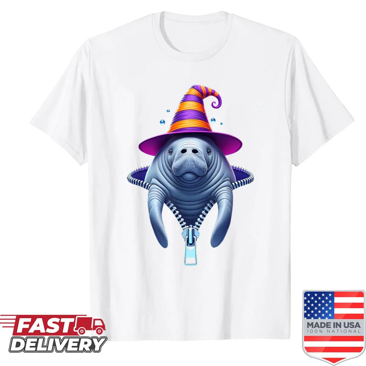 Cute manatee graphic emerging from a zipper on kids' shirt