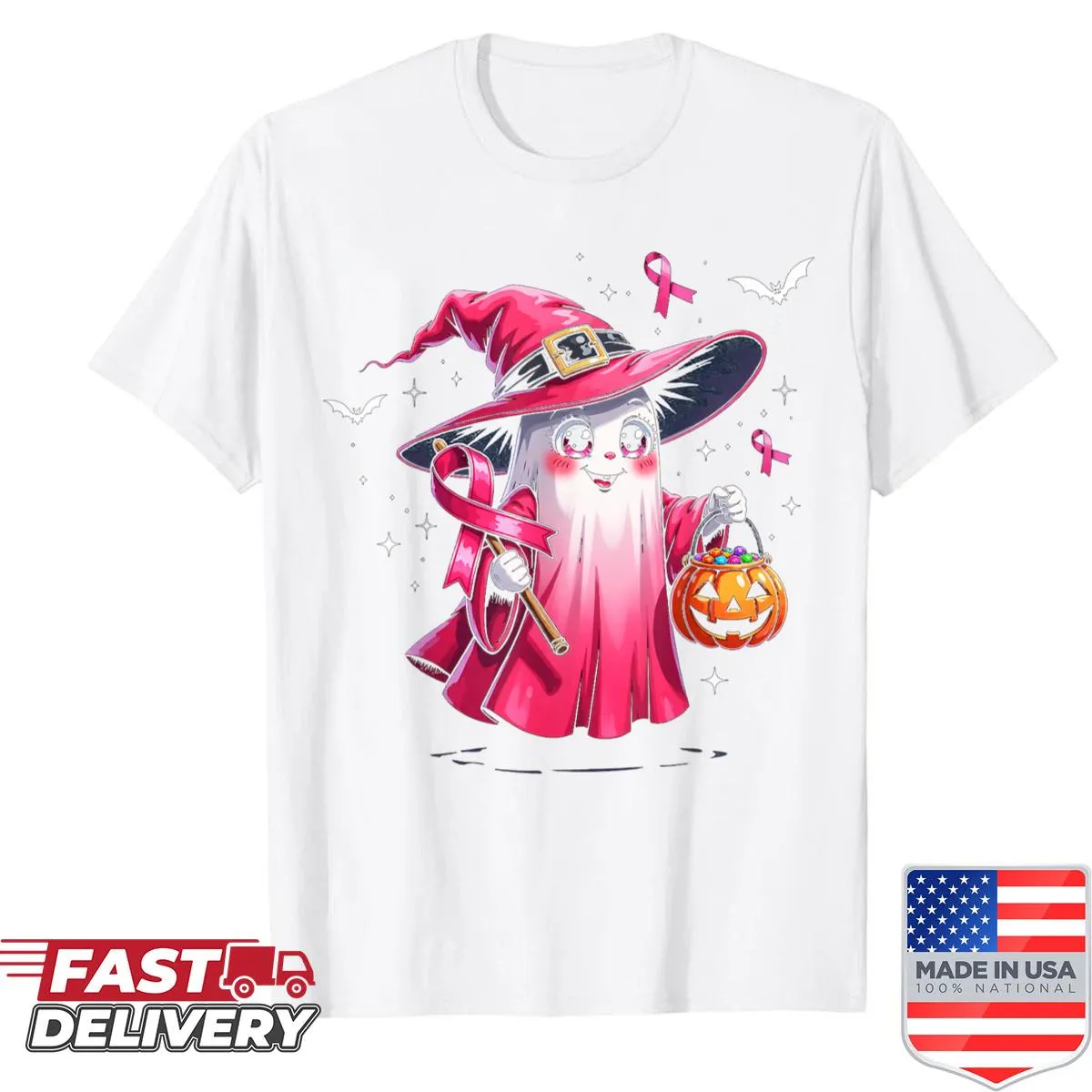 Cute shirt featuring a pink ghost with a witch hat for breast cancer awareness.