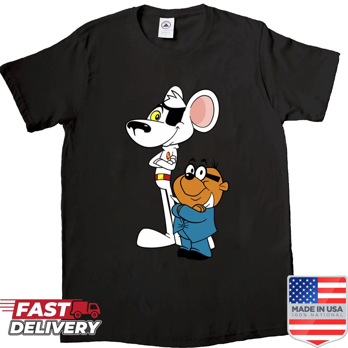 Cartoon shirt featuring Danger Mouse and Penfold in action