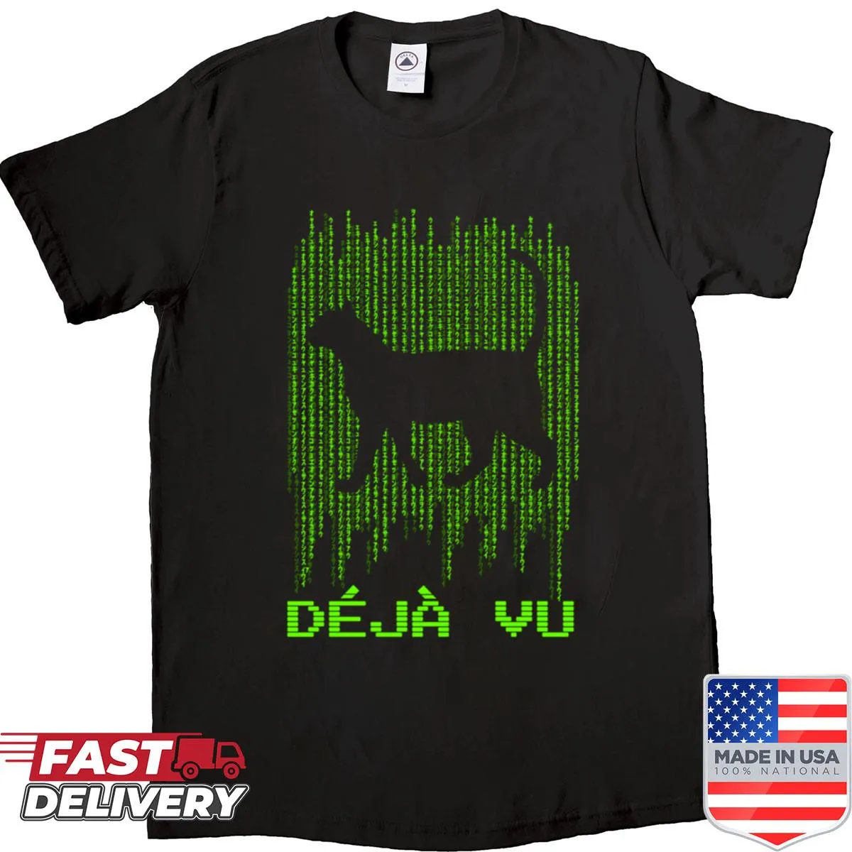 Illustrative cat design with text saying Deja Vu on the shirt.