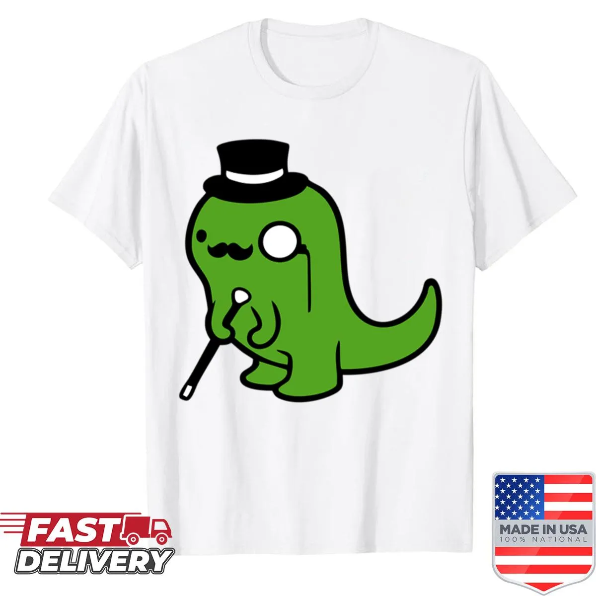 Cartoon dinosaur in monocle and top hat design