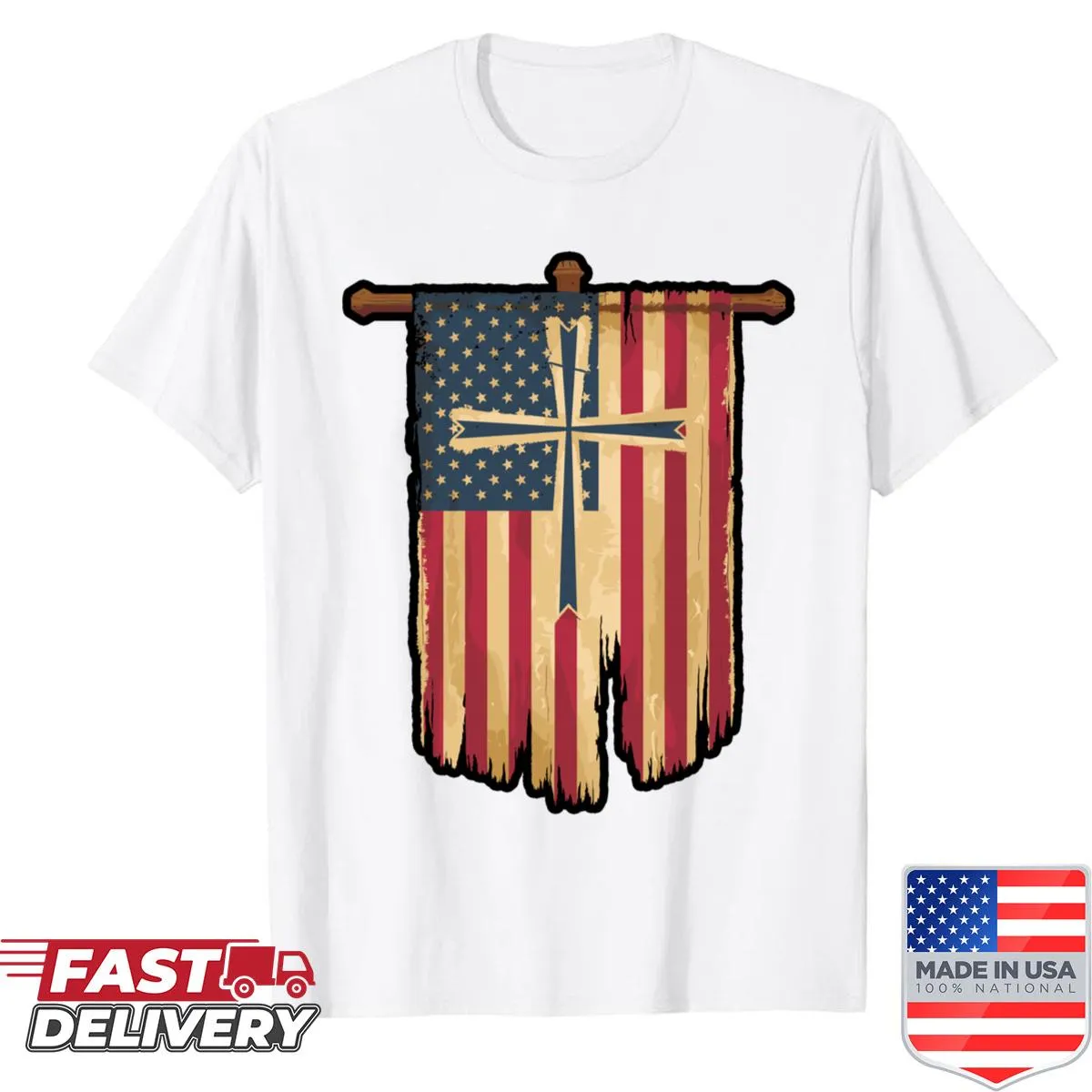 Distressed shirt featuring American flag and cross design