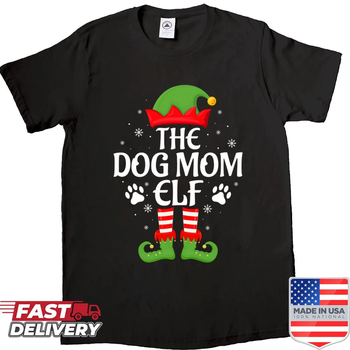 Dog Mom Elf design on a festive Christmas shirt for women