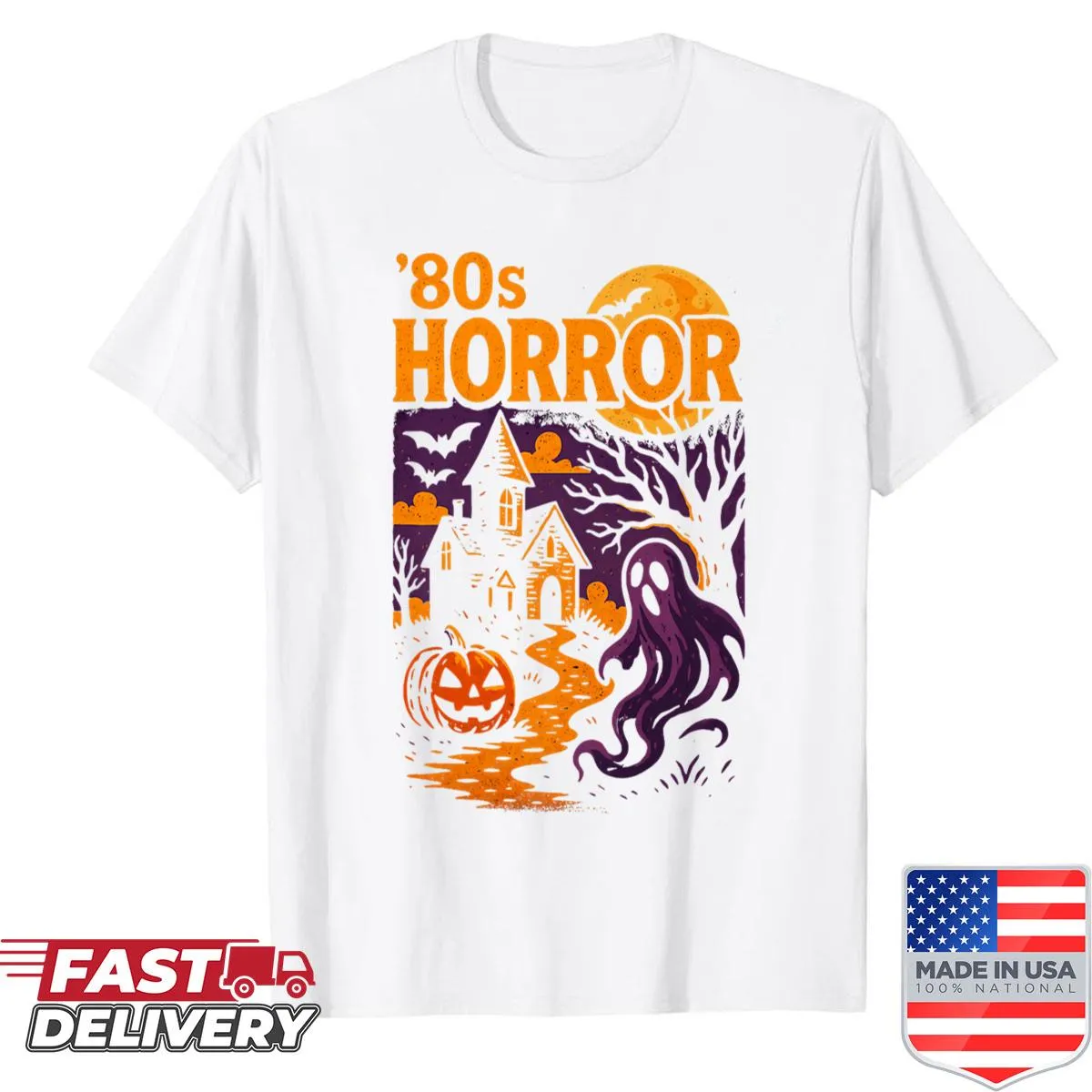 Retro horror scene graphic on an 80s inspired t-shirt.