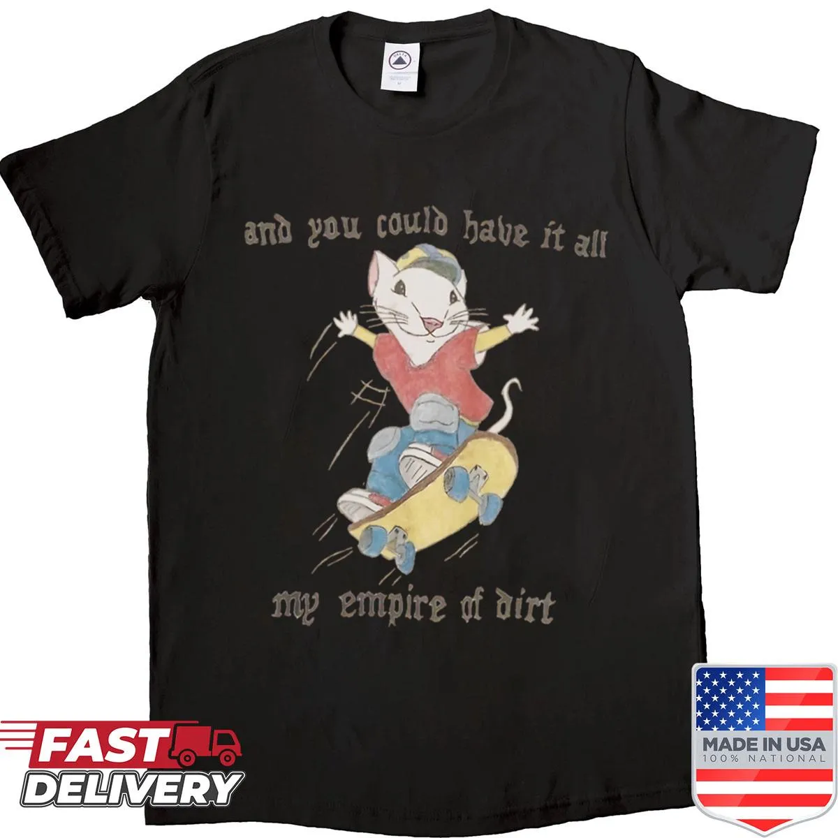 T-shirt featuring a skateboarding mouse graphic