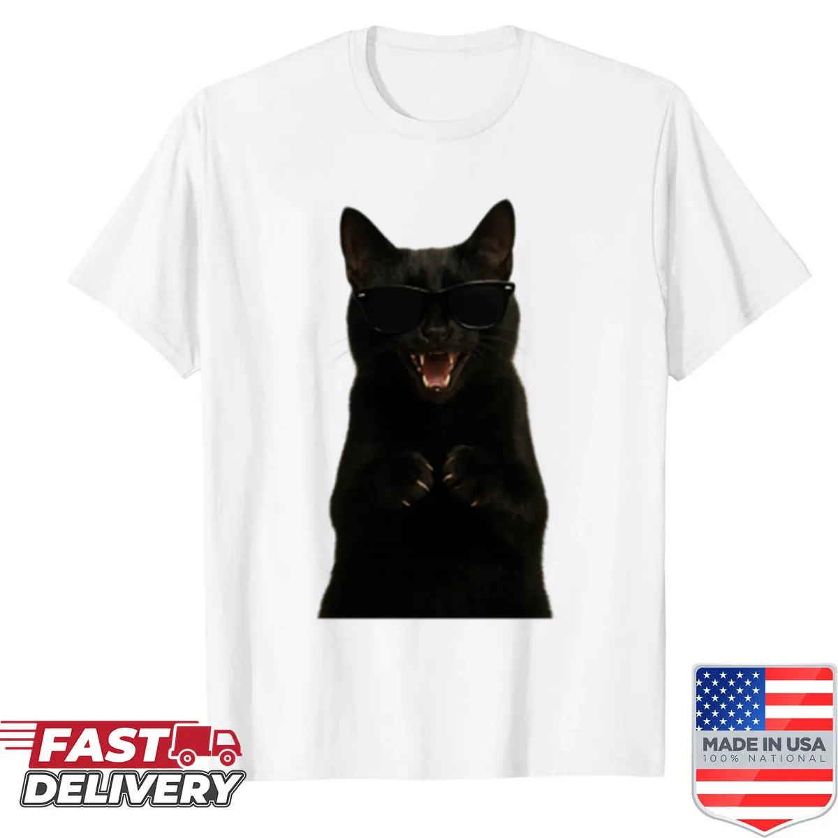 Graphic of a laughing black cat in sunglasses on a t-shirt.