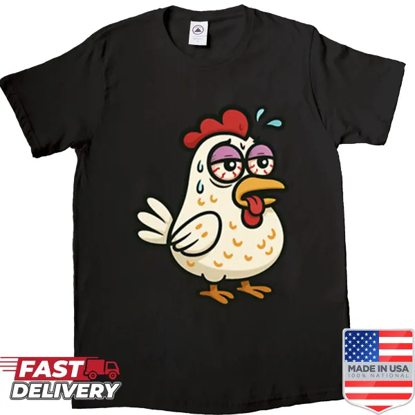 Cartoon chicken illustration portraying an exhausted bird for humor