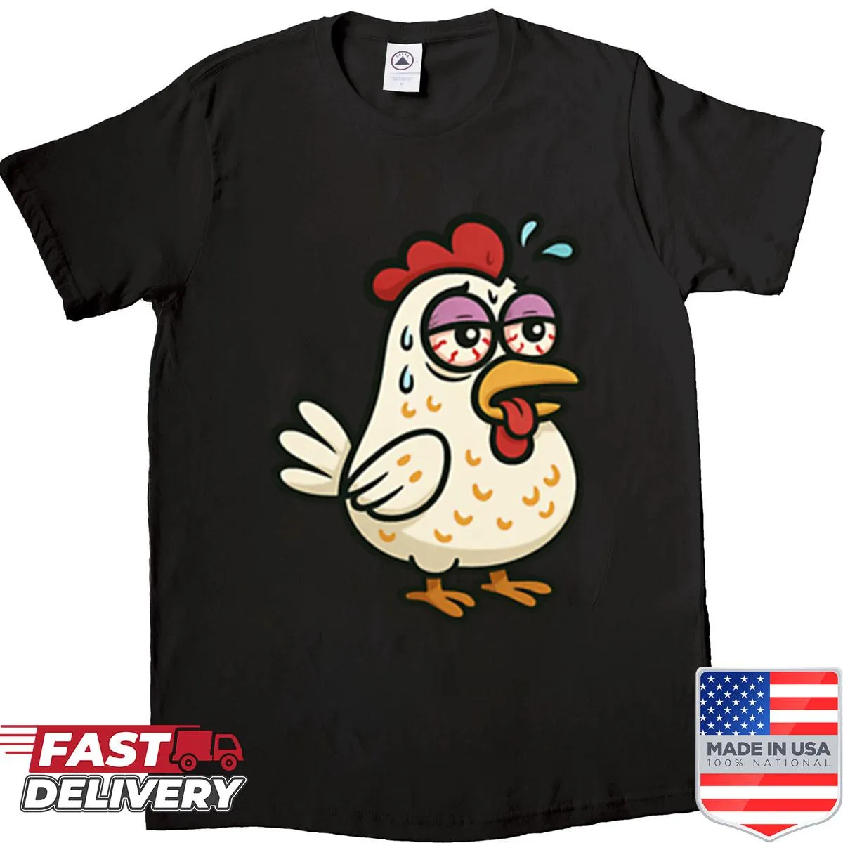 Cartoon chicken illustration portraying an exhausted bird for humor