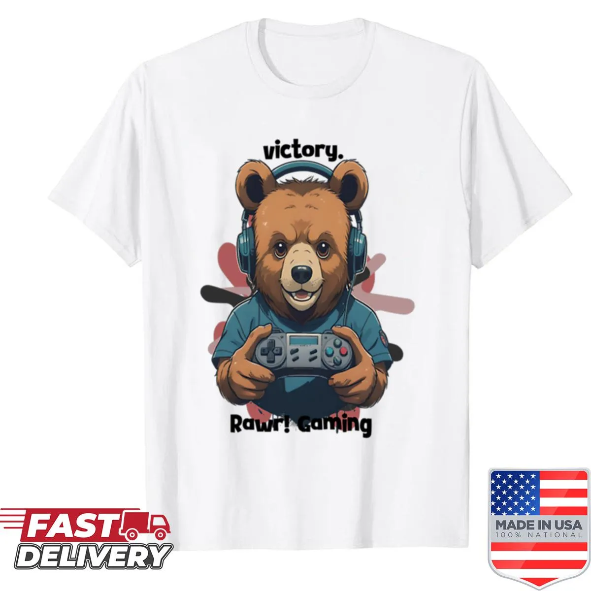 Retro gaming tee with humor about slaying noobs and a bear graphic