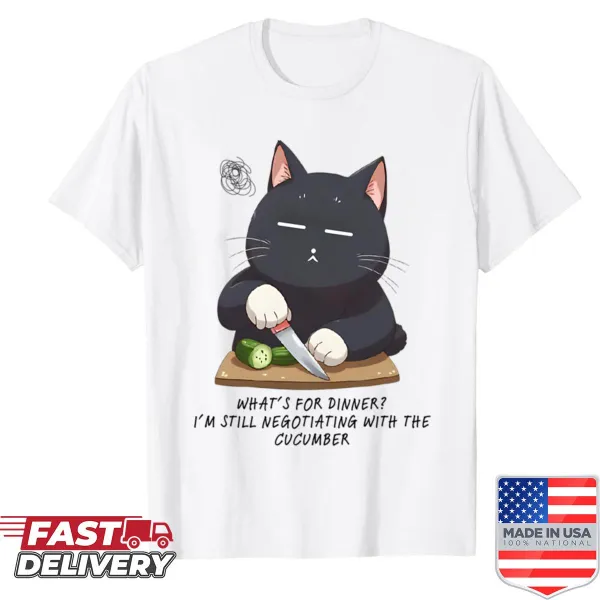 Cat-themed dining graphic on a shirt