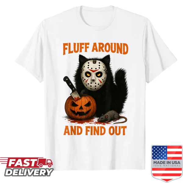Funny Halloween design with a fluffy black cat on a T-shirt