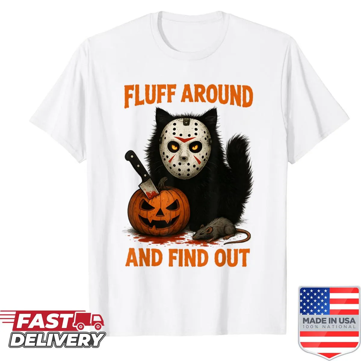 Funny Halloween design with a fluffy black cat on a T-shirt