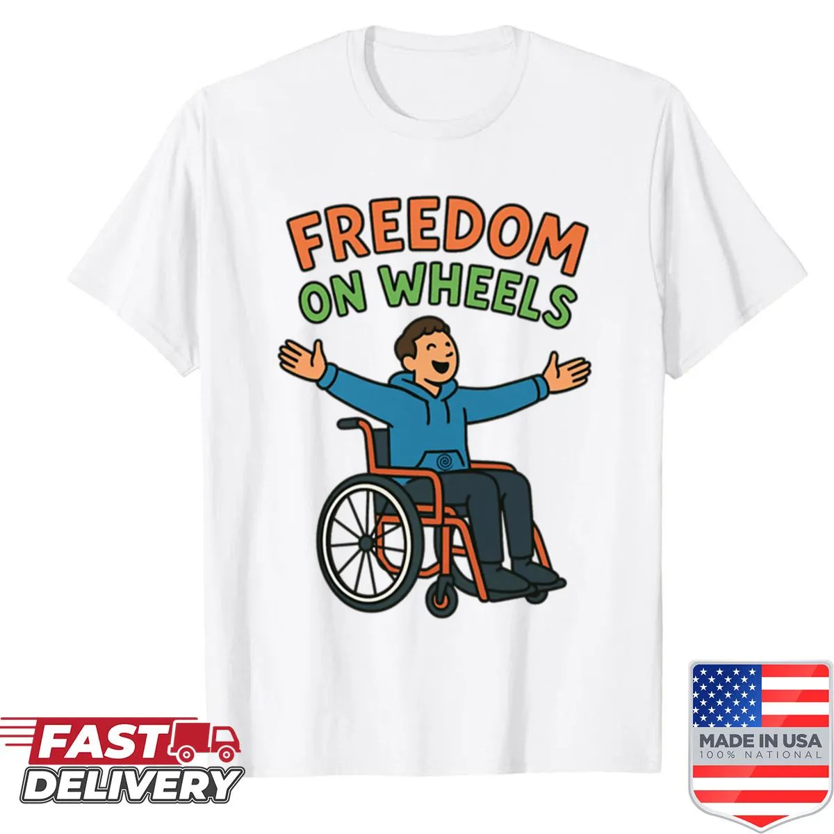 Illustration of a bicycle and landscape on a freedom-themed shirt.