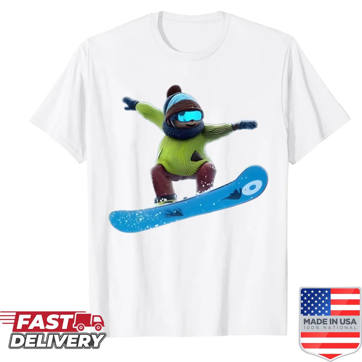 Cartoon snowboard design featuring a freestyle jump