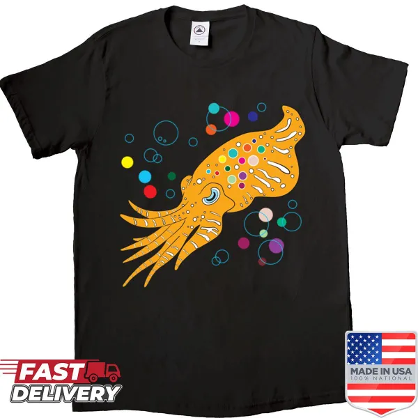 Playful squid t-shirt featuring a funky rainbow design