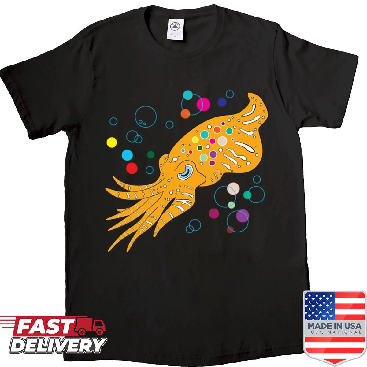 Playful squid t-shirt featuring a funky rainbow design