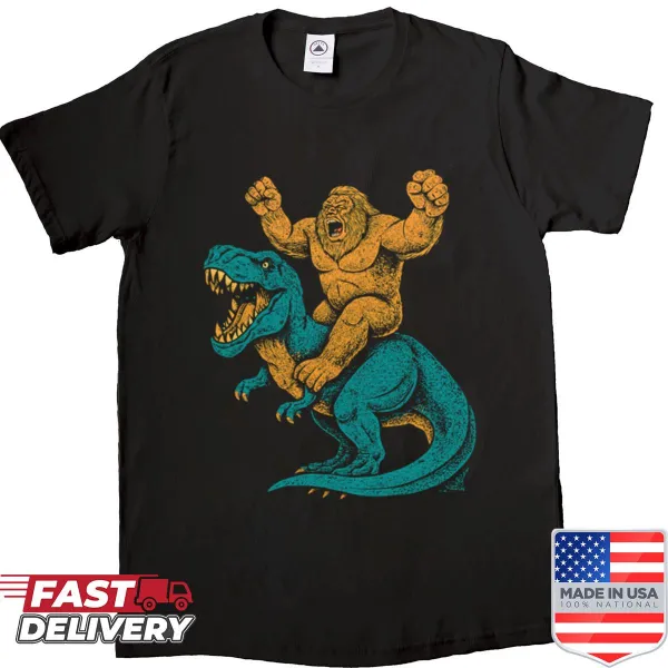 Funny graphic of Bigfoot riding a T-rex