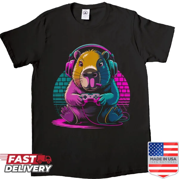 Cute capybara gaming shirt with tie-dye design