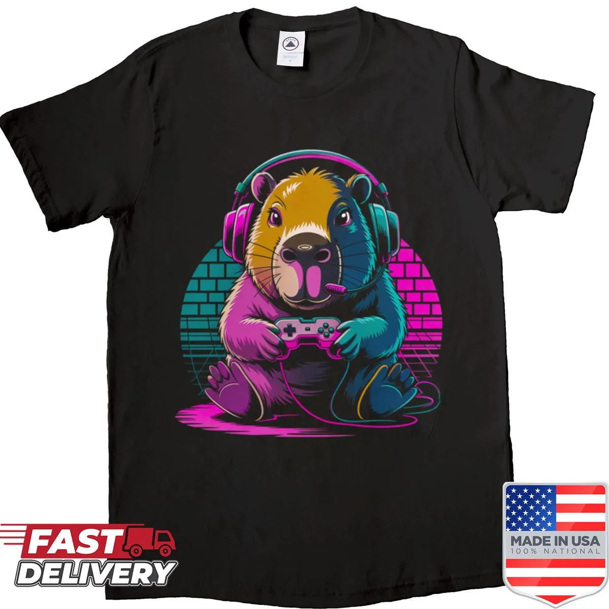 Cute capybara gaming shirt with tie-dye design