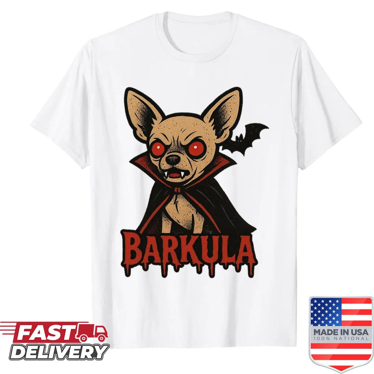 Cartoon vampire cat graphic on a Halloween shirt.