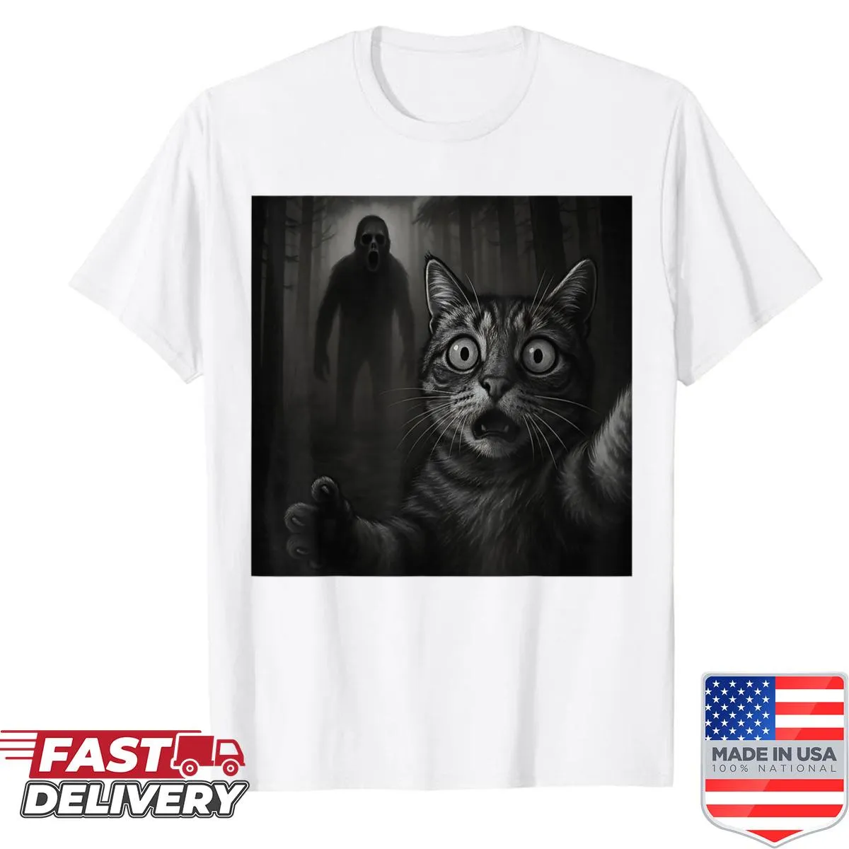 Whimsical Halloween shirt featuring a cat taking a selfie with a ghost.