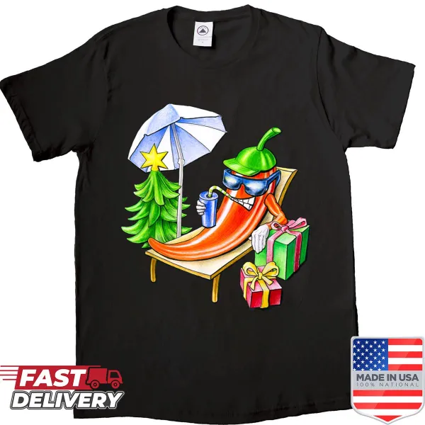 Cartoon chili pepper in beach attire for a funny holiday shirt.