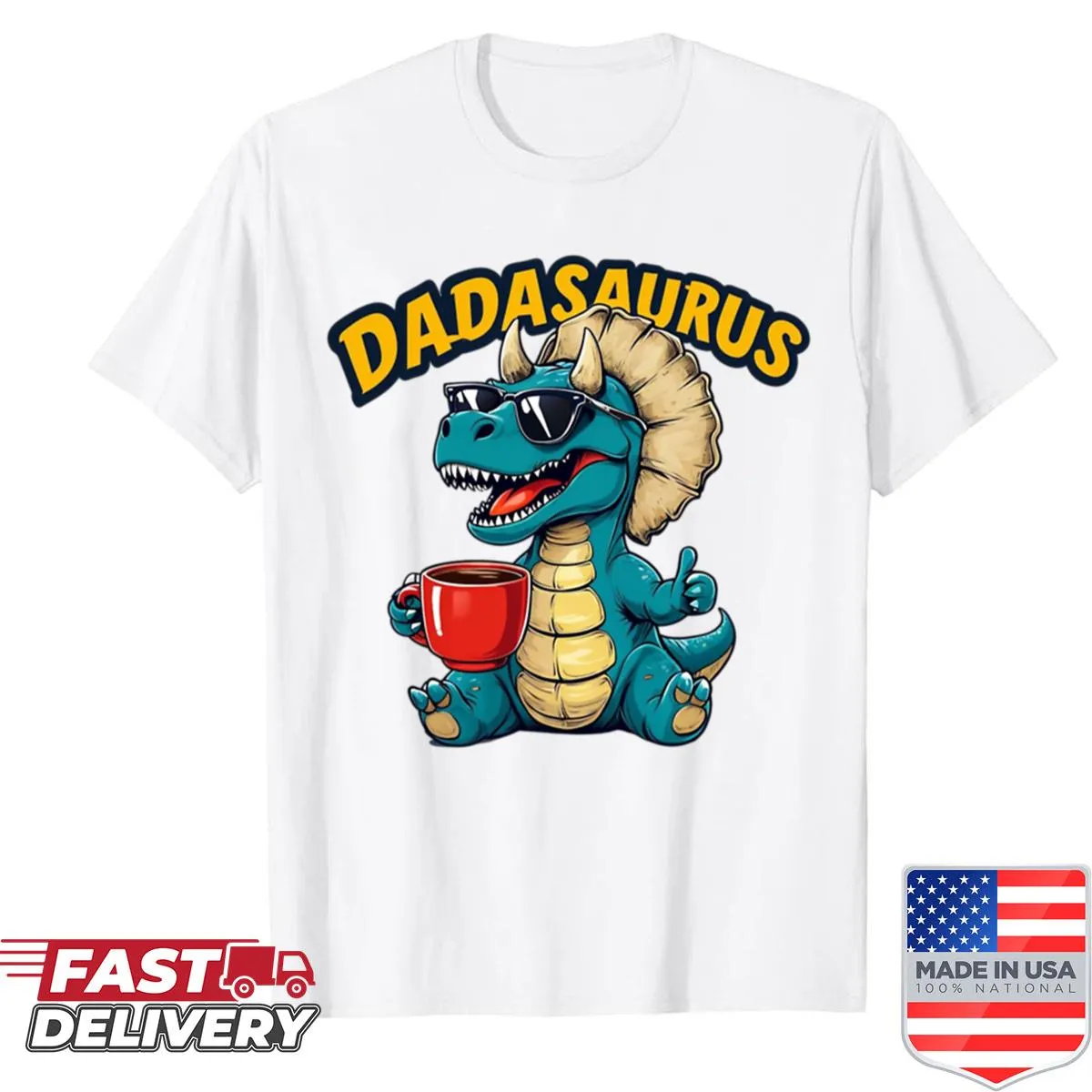 Dadasaurus graphic with sunglasses and coffee on a t-shirt