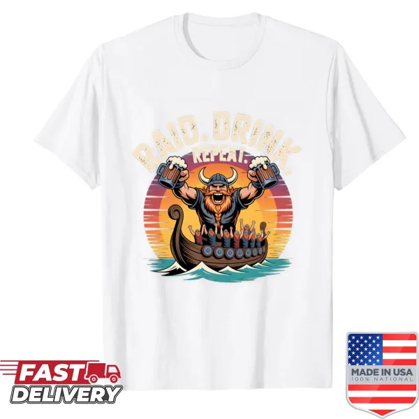 Whimsical Viking drinking shirt with a tankard illustration.