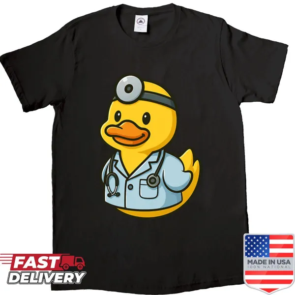 Cartoon duck dressed as a doctor with a stethoscope shirt