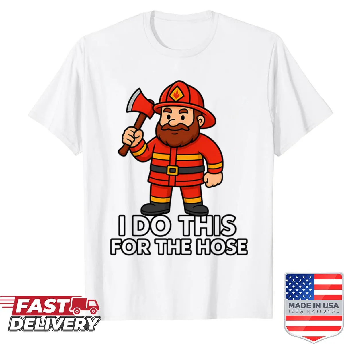 Cartoon firefighter graphic on an active shirt, showcasing humor and bravery