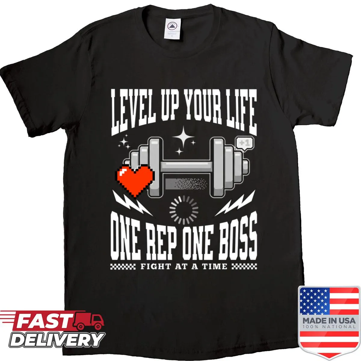 Funny workout tee featuring gaming and fitness graphics